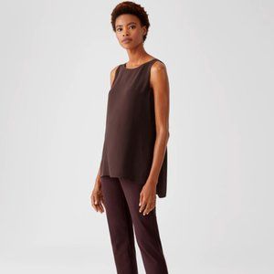 NWT Eileen Fisher Dark Brownstone Silk Georgette Crepe Bateau Neck Long Shell